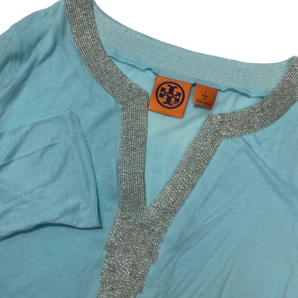 Tory‎ Burch Stunning Small Long Sleeve Beaded Lt. Blue Top